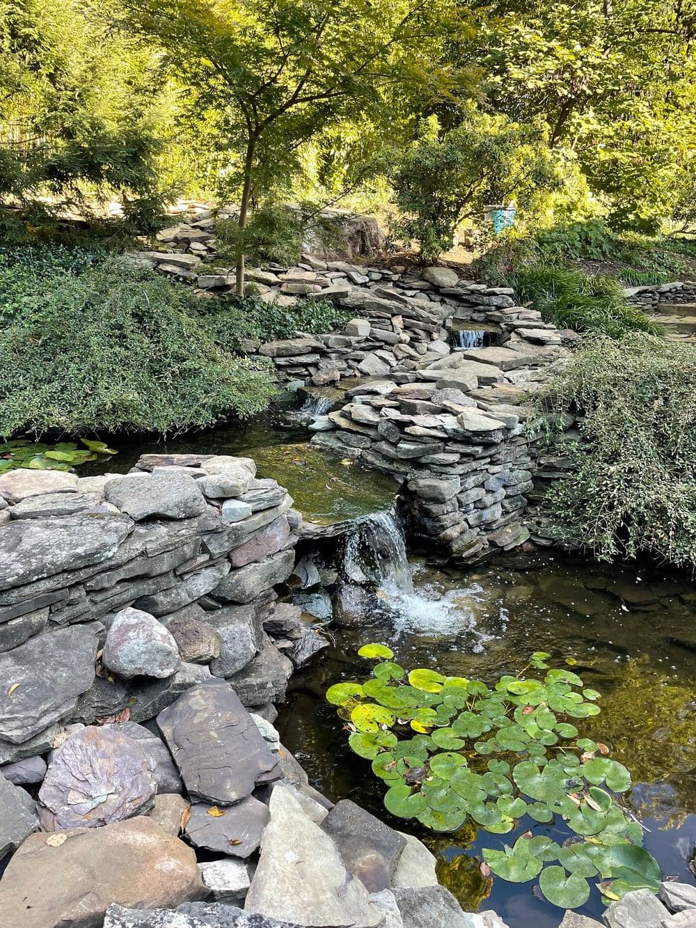 Scenic stone waterfall surrounded by lush greenery and lily pads in a tranquil setting.