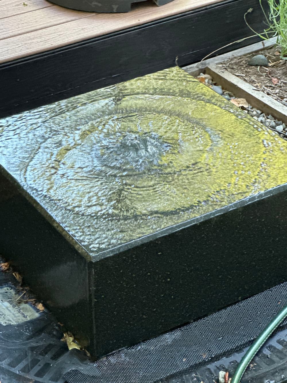 Square water feature with gentle ripples and green moss, surrounded by landscaping elements.
