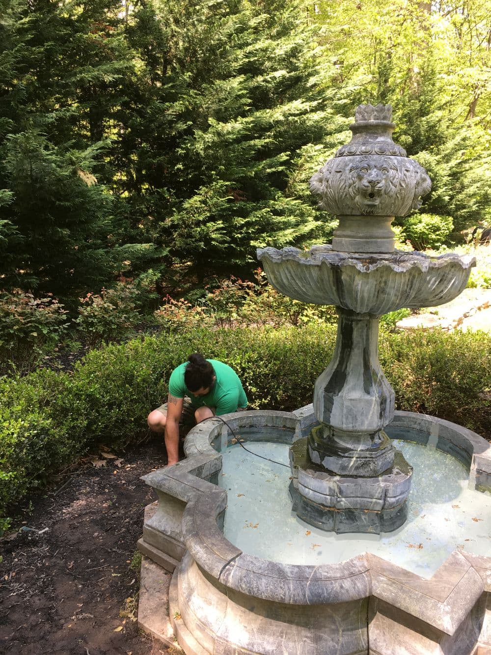 Person tending to garden plants near a stone fountain in a lush, green landscape.